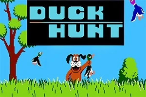 Koira hymyilee pitäen ankkaa suussaan keskellä ruohikkoa sinisen taivaan alla, ja vasemmassa yläkulmassa on teksti DUCK HUNT
