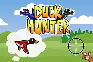 Ankkoja lentämässä värikkään Duck Hunter -tekstin ympärillä vihreän metsän yllä tähtäimen kanssa