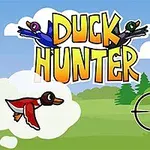 Ankkoja lentämässä värikkään Duck Hunter -tekstin ympärillä vihreän metsän yllä tähtäimen kanssa