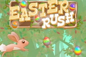 Vaaleanpunainen pupu hyppii värikkäiden pääsiäismunien joukossa vihreän metsän taustalla, ja ylhäällä lukee isoilla kirjaimilla EASTER RUSH