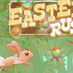 Vaaleanpunainen pupu hyppii värikkäiden pääsiäismunien joukossa vihreän metsän taustalla, ja ylhäällä lukee isoilla kirjaimilla EASTER RUSH