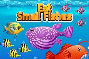 Kuvassa on värikkäitä kaloja ja otsikko Eat Small Fishes sinisessä vedenalaisessa ympäristössä