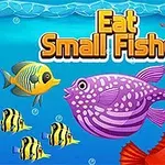 Kuvassa on värikkäitä kaloja ja otsikko Eat Small Fishes sinisessä vedenalaisessa ympäristössä