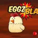 Kana kirjavaa taustaa vasten vasemmalla ja värikkäitä palloja oikealla; tekstinä EGGZ BLAST!