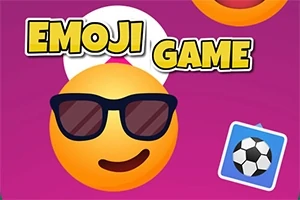 Hymiö mustilla aurinkolaseilla ja hymyilevällä suulla violetilla taustalla, jossa on teksti EMOJI GAME sekä sininen laatikko, jossa on jalkapallon kuva