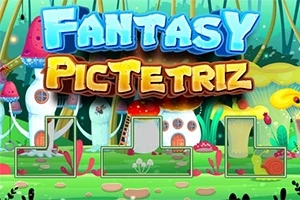 Värikäs fantasia-aiheinen maisema, jossa sienimökkien taustalla näkyy suurilla kirjaimilla teksti Fantasy PicTetriz