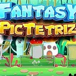 Värikäs fantasia-aiheinen maisema, jossa sienimökkien taustalla näkyy suurilla kirjaimilla teksti Fantasy PicTetriz