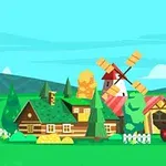Maalaistalon pihapiiri, jossa on tuulimylly, traktori, lato ja lehtipuita kauniina päivänä