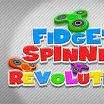 Värikäs grafiikka tekstillä Fidget Spinner Revolution ja useita eri värisiä fidget spinnereitä