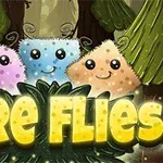Kolme hymyilevää, värikästä pörröistä hahmoa metsässä, ympärillä lehtimäisiä elementtejä sekä alaosassa iso keltainen teksti FIRE FLIES