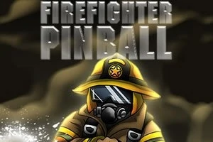 Palomies keltaisessa suojapuvussa ja kypärässä veden keskellä, yläpuolella teksti Firefighter Pinball