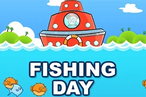 Punainen laiva kelluu meressä, ympärillä on sinisiä aaltoja, taivaalla valkoisia pilviä, ja alaosassa on teksti Fishing Day sekä kala- ja pallokalapiirroksia