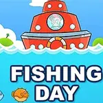 Punainen laiva kelluu meressä, ympärillä on sinisiä aaltoja, taivaalla valkoisia pilviä, ja alaosassa on teksti Fishing Day sekä kala- ja pallokalapiirroksia