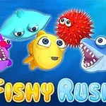 Sini-pohjainen kuva, jossa viisi värikästä piirrettyä merieläintä ja alla teksti Fishy Rush
