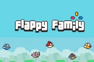 Taustalla on sininen taivas, jossa on pikselityylinen teksti Flappy Family sekä viisi erilaista lentävää hahmoa