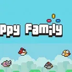 Taustalla on sininen taivas, jossa on pikselityylinen teksti Flappy Family sekä viisi erilaista lentävää hahmoa