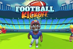Piirretty jalkapalloilija kentällä kypärässä, stadionin edessä, taustalla teksti FOOTBALL KICKOFF