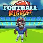 Piirretty jalkapalloilija kentällä kypärässä, stadionin edessä, taustalla teksti FOOTBALL KICKOFF