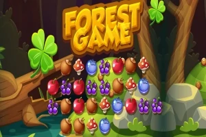 Värikäs metsäaiheinen tausta, jossa on puunrunkoja, kiviä, vihreitä apiloita ja riveissä marjoja sekä sieniä, joiden yläpuolella on keltainen teksti FOREST GAME
