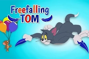 Tom lentää ilmassa pitäen kiinni sinisistä sulista, kun Jerry roikkuu ilmapalloista kirkkalla taustalla