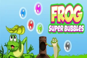 Sammakko istuu ruohon päällä vierellään toinen sammakko ja saippuakuplia ilmassa, taustalla lukee Frog Super Bubbles