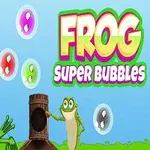 Sammakko istuu ruohon päällä vierellään toinen sammakko ja saippuakuplia ilmassa, taustalla lukee Frog Super Bubbles