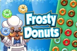 Jääkarhumainen kokki pitelee donitseja kädessään sinisellä taustalla, jossa lukee Frosty Donuts, ja oikealla on rivissä erivärisiä donitseja