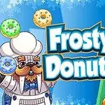 Jääkarhumainen kokki pitelee donitseja kädessään sinisellä taustalla, jossa lukee Frosty Donuts, ja oikealla on rivissä erivärisiä donitseja