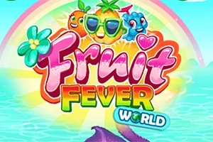 Värikkäitä piirrettyjä hedelmiä ja teksti Fruit Fever World sateenkaaren alla meren yllä