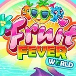 Värikkäitä piirrettyjä hedelmiä ja teksti Fruit Fever World sateenkaaren alla meren yllä