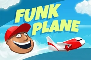 Punavalkoinen lentokone lentää pilvissä, vieressä hymyilevä kasvot ja suuret keltaiset tekstit Funk Plane