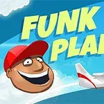 Punavalkoinen lentokone lentää pilvissä, vieressä hymyilevä kasvot ja suuret keltaiset tekstit Funk Plane