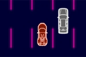 Kaksi autoa neonvaloviivoilla mustaa taustaa vasten, toinen punainen ja toinen valkoinen