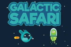 Vihreä avaruusolio raketissa ja sininen hahmo ampuu keltaisia ammuksia tummalla taustalla, tekstillä GALACTIC SAFARI