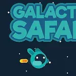 Vihreä avaruusolio raketissa ja sininen hahmo ampuu keltaisia ammuksia tummalla taustalla, tekstillä GALACTIC SAFARI