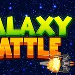 Vihreällä ja oranssilla kirjaimilla kirjoitettu GALAXY BATTLE tähtitaustalla, alareunassa avaruusalus ja räjähdys