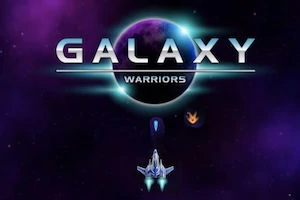 Avaruusalus lentää kohti etualalla näkyvää purppuranväristä planeettaa ja ruudulla on teksti GALAXY WARRIORS
