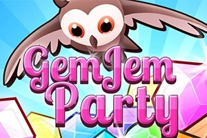 Pöllö lentää tekstin Gem Jem Party yläpuolella kimaltelevien jalokivien kanssa