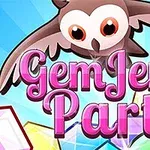 Pöllö lentää tekstin Gem Jem Party yläpuolella kimaltelevien jalokivien kanssa
