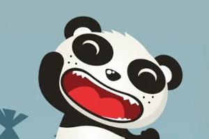 Animoitu panda, jolla on suuret mustavalkoiset silmät ja avonainen punainen suu, seisoo vaalealla taustalla