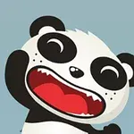 Animoitu panda, jolla on suuret mustavalkoiset silmät ja avonainen punainen suu, seisoo vaalealla taustalla