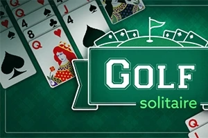 Korttipeli vihreällä taustalla, jossa näkyy useita pelikortteja ja teksti Golf Solitaire