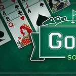 Korttipeli vihreällä taustalla, jossa näkyy useita pelikortteja ja teksti Golf Solitaire