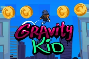 Pikkutyttö hyppää ilmassa kolikkorivin yläpuolella taustanaan sininen taivas ja kaupungin siluetti, ja etualalla näkyy teksti Gravity Kid