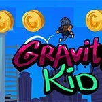 Pikkutyttö hyppää ilmassa kolikkorivin yläpuolella taustanaan sininen taivas ja kaupungin siluetti, ja etualalla näkyy teksti Gravity Kid