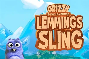Violetti sarjakuvahahmo vuoristomaisemassa sekä suuri teksti LEMMINGS SLING