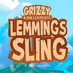 Violetti sarjakuvahahmo vuoristomaisemassa sekä suuri teksti LEMMINGS SLING