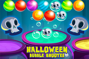 Värikkäitä kuplia ja pääkalloja leijuu kirkkaanväristen kattiloiden yläpuolella, ja kuvassa on teksti Halloween Bubble Shooter