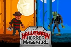 Kaksi pikselityylistä kauhuhahmoa seisoo vastakkain ja kuvassa on Halloween Horror Massacre -teksti