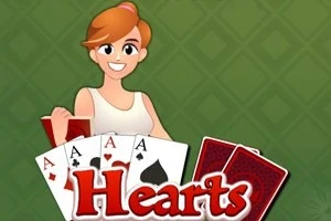 Punahiuksinen piirretty hahmo hymyilee ja pitelee pelikortteja vihreällä taustalla, sanan Hearts edessä